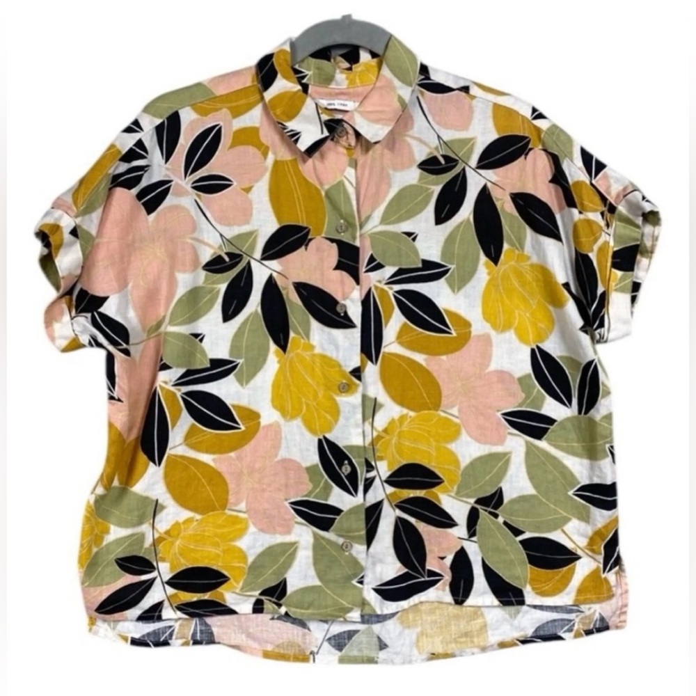 Rachel Zoe 100% linen floral tropical short sleeve top cream pink green medium